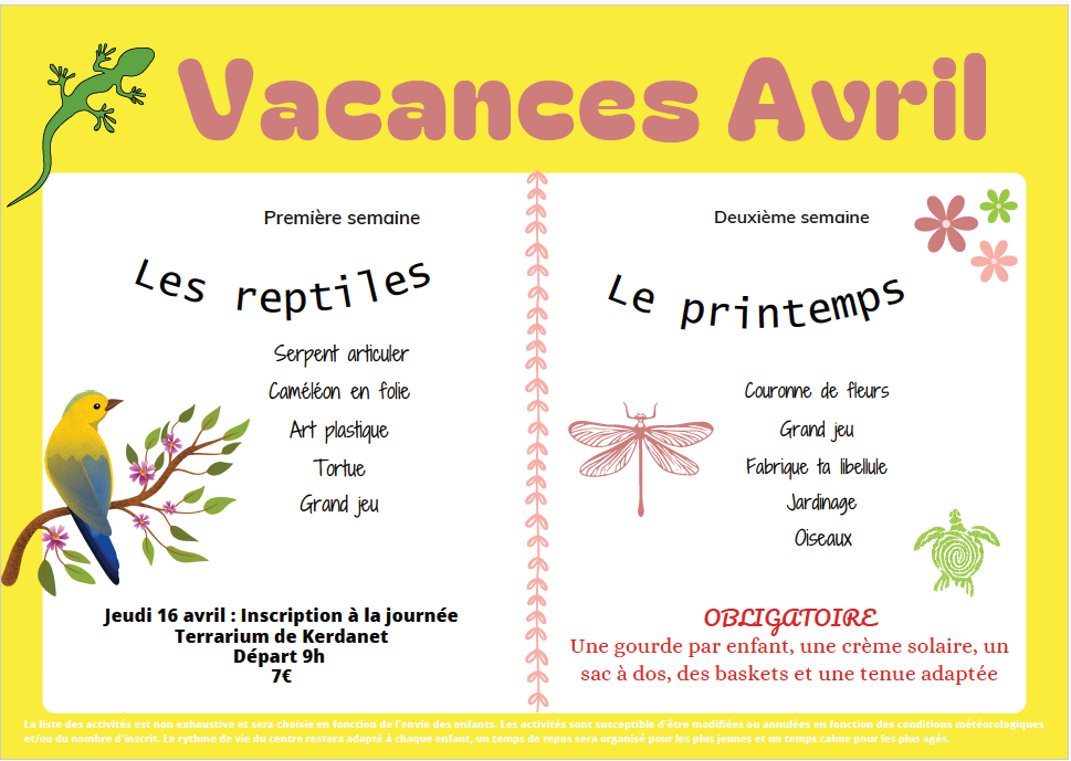 Planning des vacances d&rsquo;avril au centre de loisirs